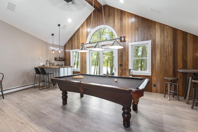 8 Hickory Ln, York, ME 03909 - recreation room featuring billiards, wood walls, high vaulted ceiling, bar, and wood finished floors