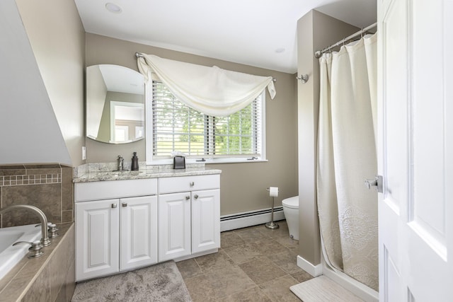 8 Hickory Ln, York, ME 03909 - full bathroom with a baseboard radiator, vanity, a shower with curtain, a bath, and toilet