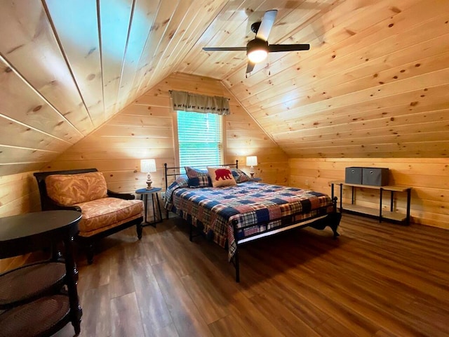 bedroom featuring dark hardwood / wood-style flooring, wooden walls, wooden ceiling, and lofted ceiling