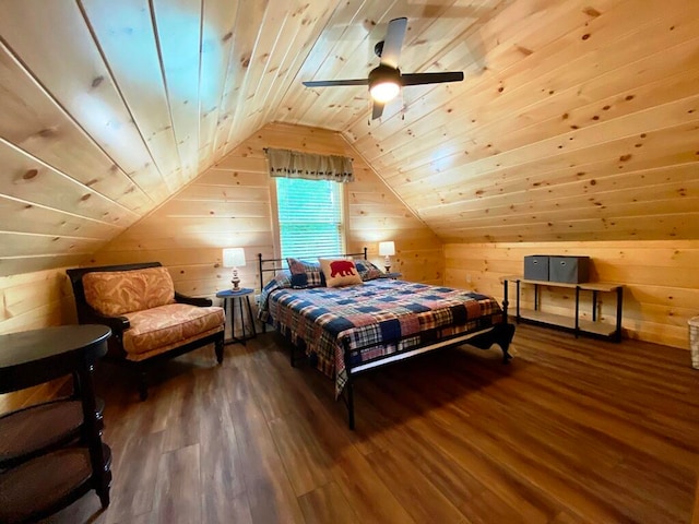 bedroom with wood ceiling, dark hardwood / wood-style flooring, and wood walls