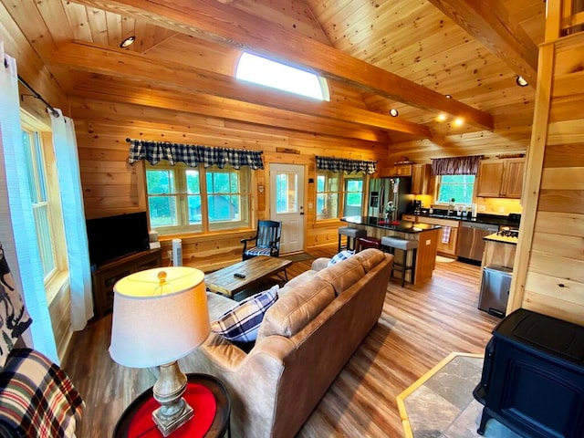 living room with wood walls, wood ceiling, and a healthy amount of sunlight