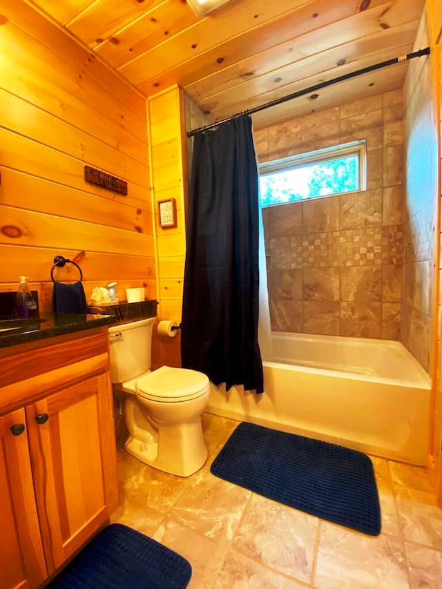 full bathroom featuring wood walls, toilet, wood ceiling, and shower / bath combo