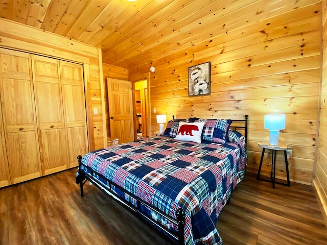 bedroom featuring dark hardwood / wood-style flooring, wooden ceiling, and wood walls