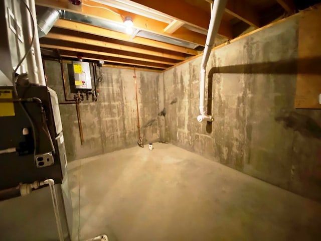 basement with tankless water heater