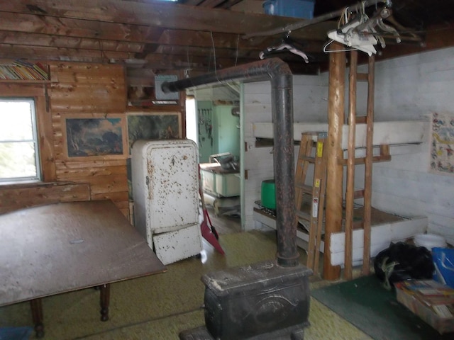 basement with a wood stove