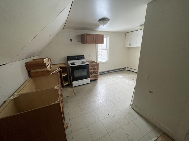 kitchen with electric stove, light tile floors, white cabinets, vaulted ceiling, and baseboard heating