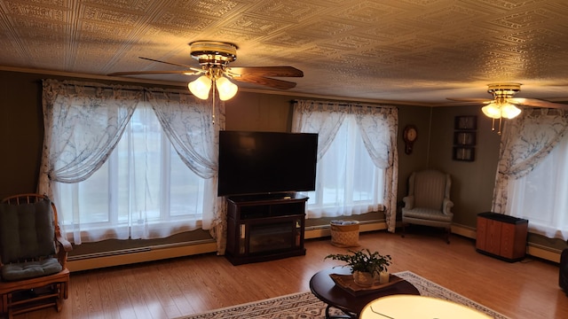 living room with a wealth of natural light, hardwood / wood-style floors, and baseboard heating