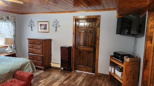 bedroom featuring wooden ceiling, dark wood-type flooring, ceiling fan, and baseboard heating