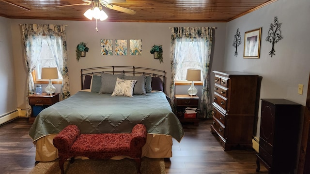 bedroom with wooden ceiling, dark hardwood / wood-style floors, and ceiling fan