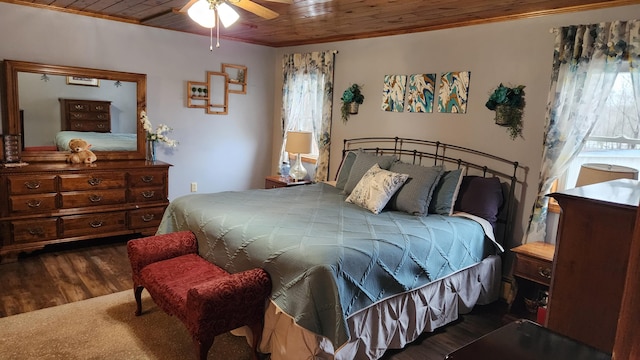 bedroom with ceiling fan, dark hardwood / wood-style flooring, and wood ceiling