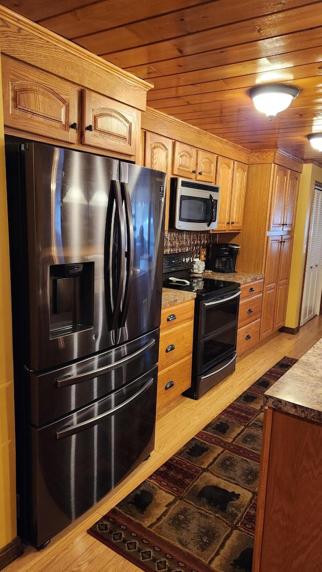 kitchen featuring electric range, refrigerator with ice dispenser, wood ceiling, and wood-type flooring