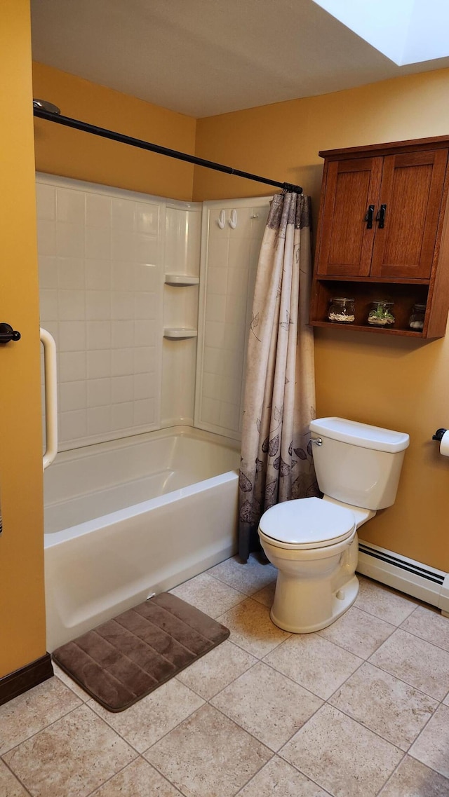 bathroom with tile flooring, shower / bath combination with curtain, and toilet