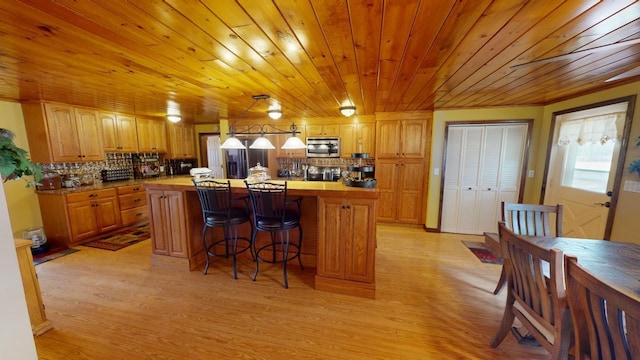 kitchen with light hardwood / wood-style flooring, a kitchen island, wood ceiling, and tasteful backsplash