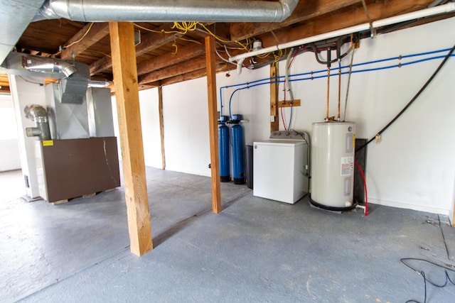 basement featuring washer / clothes dryer and electric water heater