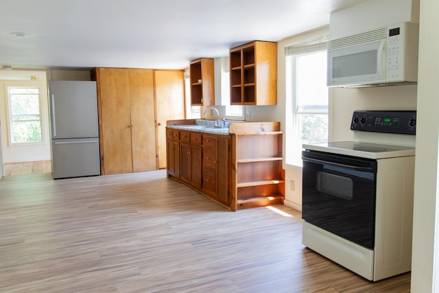 kitchen featuring sink, light hardwood / wood-style flooring, refrigerator, and range with electric cooktop