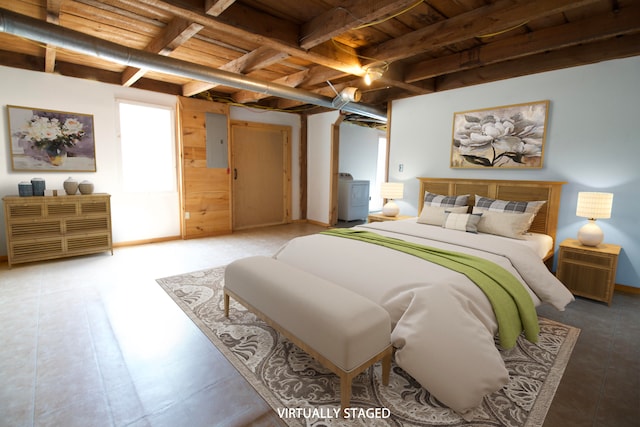 bedroom featuring electric panel, wood ceiling, washer / clothes dryer, ceiling fan, and beamed ceiling