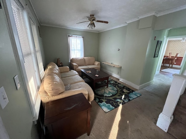 carpeted living room with a textured ceiling, ceiling fan, and crown molding