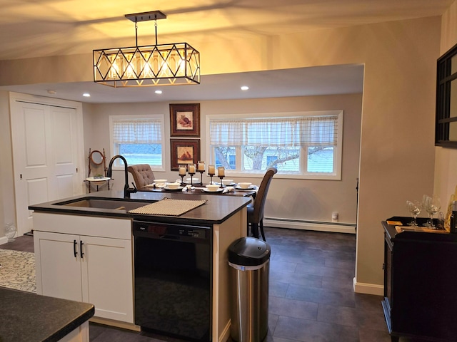 kitchen with white cabinets, hanging light fixtures, sink, baseboard heating, and dishwasher