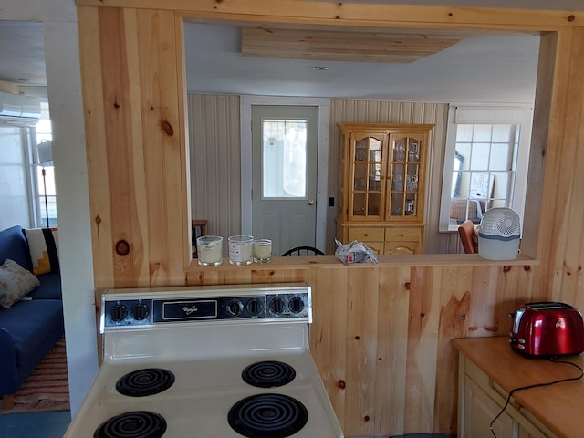 kitchen with stove, plenty of natural light, and light brown cabinets