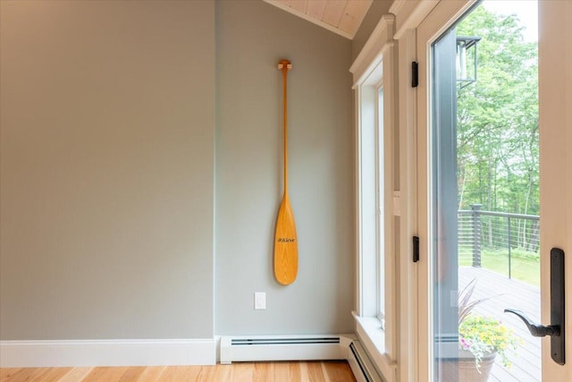862 W Neck Rd, Nobleboro, ME 04555 - entryway featuring baseboard heating, crown molding, wood finished floors, and lofted ceiling