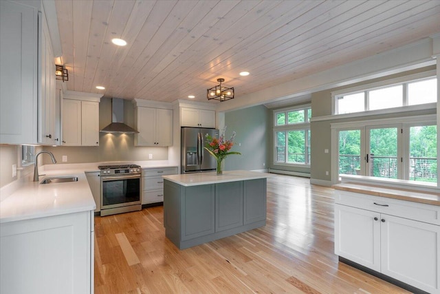 862 W Neck Rd, Nobleboro, ME 04555 - kitchen featuring stainless steel appliances, wall chimney exhaust hood, wood ceiling, a kitchen island, and light countertops