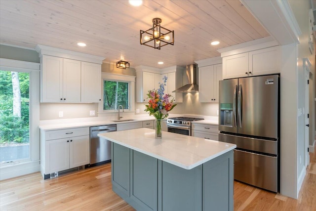 862 W Neck Rd, Nobleboro, ME 04555 - kitchen featuring appliances with stainless steel finishes, wall chimney range hood, light countertops, white cabinetry, and wooden ceiling