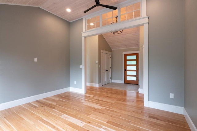 862 W Neck Rd, Nobleboro, ME 04555 - empty room with lofted ceiling, ceiling fan, wood ceiling, and light wood finished floors