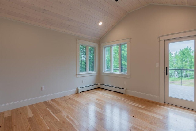 862 W Neck Rd, Nobleboro, ME 04555 - spare room with light wood-type flooring, vaulted ceiling, a baseboard radiator, and wooden ceiling