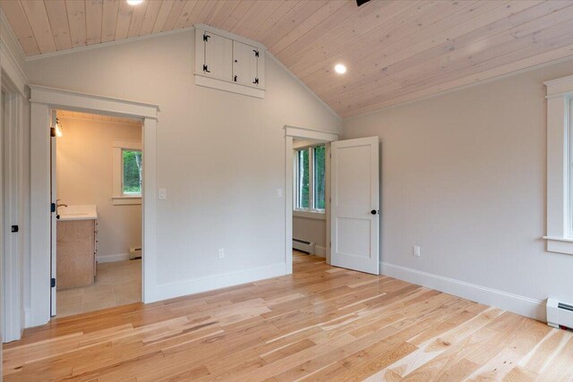862 W Neck Rd, Nobleboro, ME 04555 - unfurnished bedroom with a baseboard radiator, wood ceiling, multiple windows, light wood-style flooring, and recessed lighting