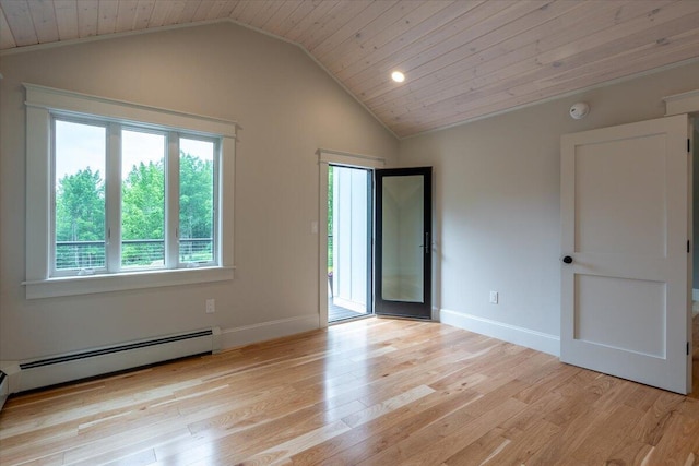 862 W Neck Rd, Nobleboro, ME 04555 - spare room with lofted ceiling, light wood-type flooring, wood ceiling, a baseboard radiator, and a smoke detector