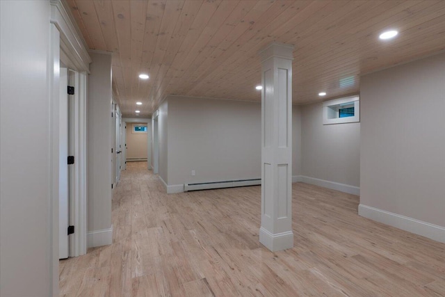 862 W Neck Rd, Nobleboro, ME 04555 - finished below grade area featuring baseboard heating, wood ceiling, recessed lighting, and light wood finished floors