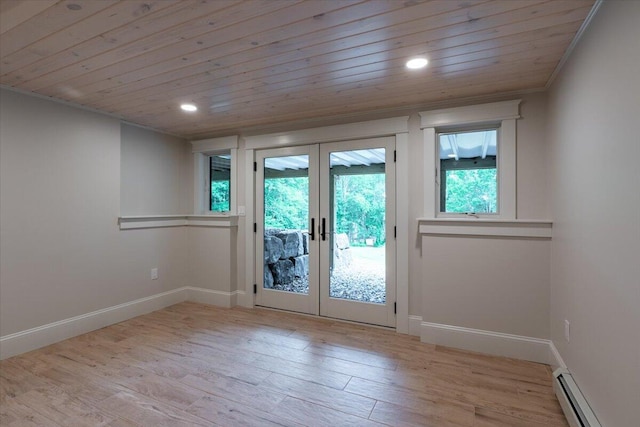 862 W Neck Rd, Nobleboro, ME 04555 - doorway featuring baseboard heating, french doors, wooden ceiling, wood finished floors, and recessed lighting