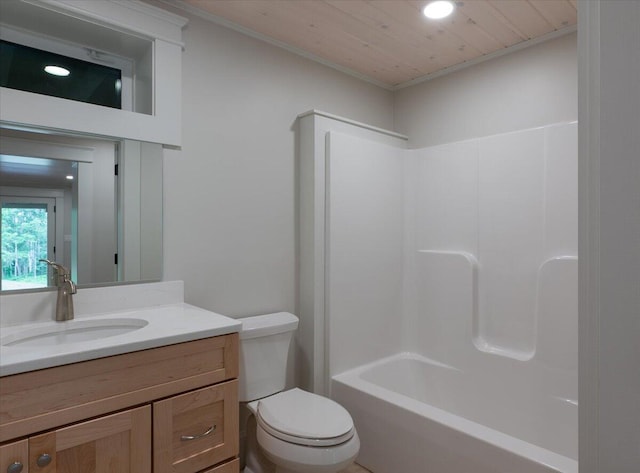 862 W Neck Rd, Nobleboro, ME 04555 - bathroom featuring vanity, recessed lighting, shower / tub combination, crown molding, and wooden ceiling