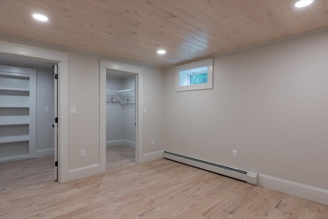 862 W Neck Rd, Nobleboro, ME 04555 - unfurnished bedroom featuring a baseboard radiator, light wood-style floors, recessed lighting, wooden ceiling, and a spacious closet