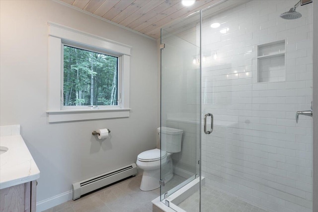 862 W Neck Rd, Nobleboro, ME 04555 - full bath with baseboard heating, vanity, a stall shower, tile patterned flooring, and wood ceiling