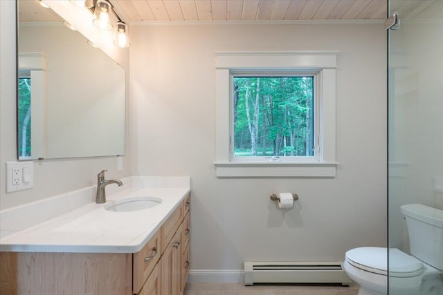 862 W Neck Rd, Nobleboro, ME 04555 - bathroom with baseboard heating, wood ceiling, and vanity