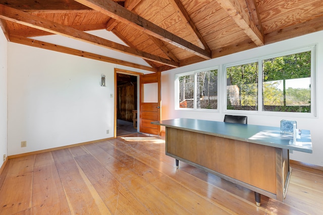 unfurnished office featuring lofted ceiling with beams, wooden ceiling, light hardwood / wood-style floors, and a healthy amount of sunlight