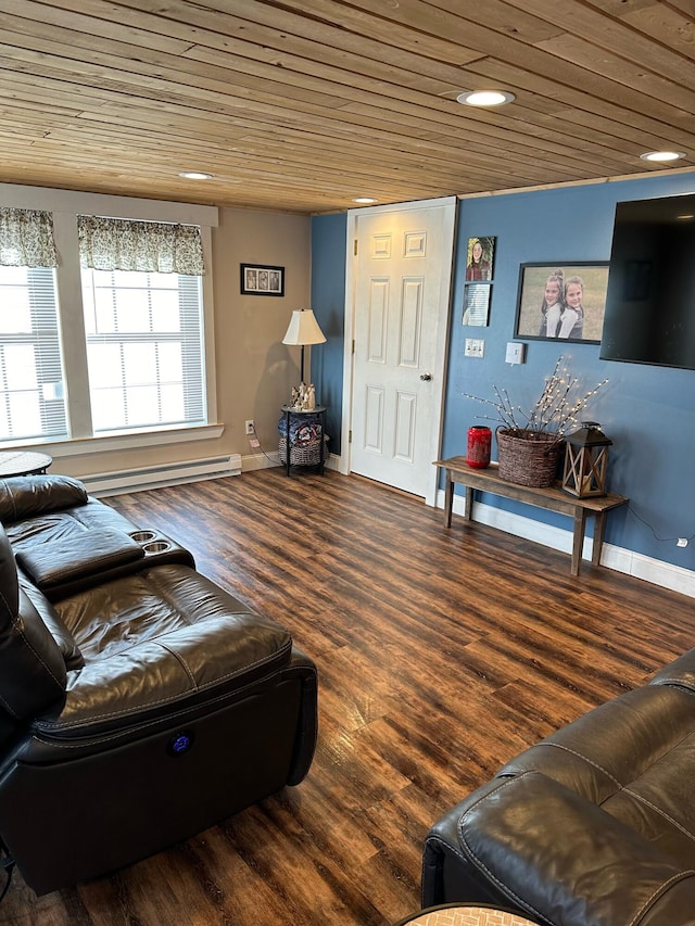 living room with a baseboard radiator, dark wood-type flooring, and wooden ceiling