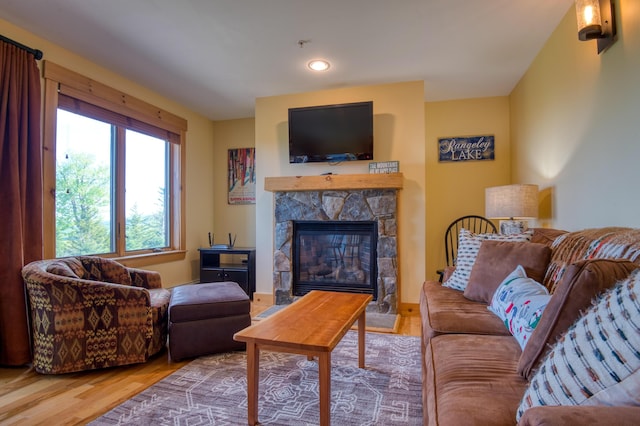 living room with wood-type flooring and a stone fireplace