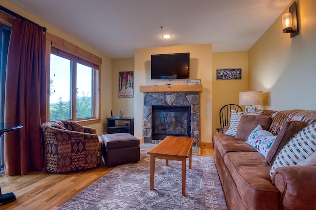 living room with a stone fireplace and wood-type flooring