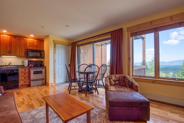 living room featuring a mountain view, sink, light wood-type flooring, and baseboard heating