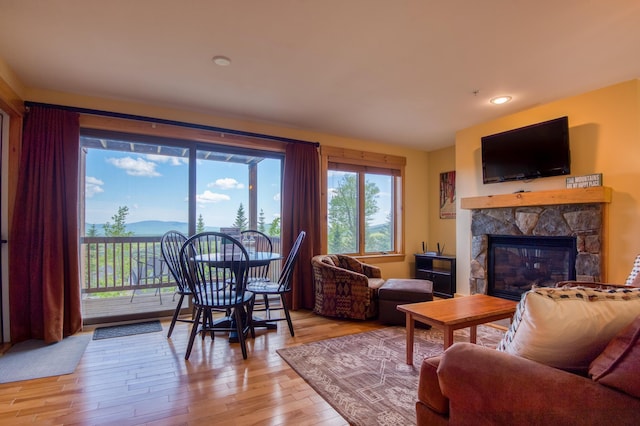 living room with a fireplace and light hardwood / wood-style flooring