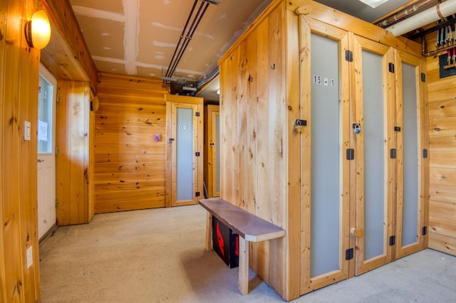 hallway with wooden walls and carpet flooring