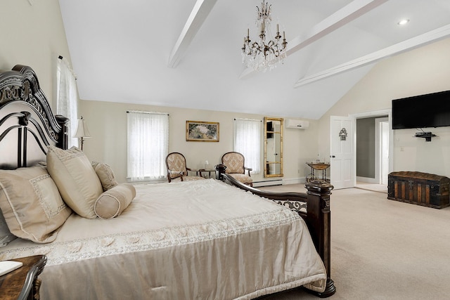 bedroom with a wall mounted AC, light colored carpet, a notable chandelier, high vaulted ceiling, and beamed ceiling