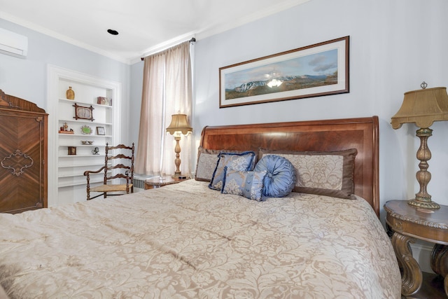 bedroom with a wall mounted air conditioner and ornamental molding