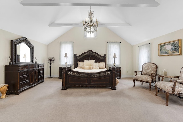 carpeted bedroom featuring a chandelier and vaulted ceiling with beams