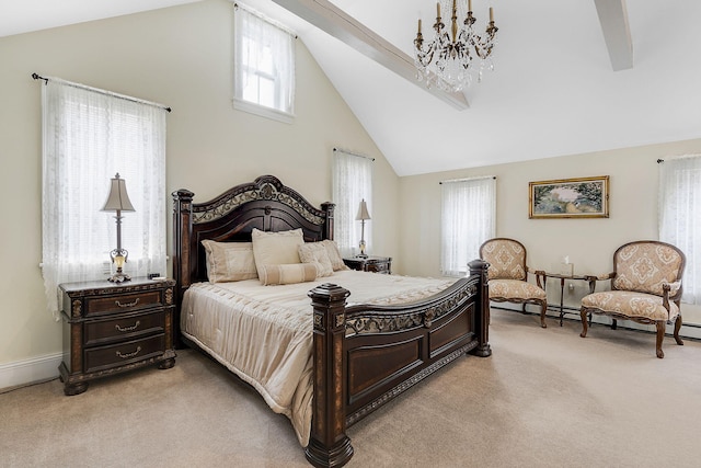 bedroom with beam ceiling, a notable chandelier, a baseboard radiator, light carpet, and high vaulted ceiling