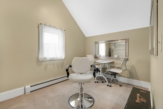 living area featuring light carpet, lofted ceiling, a wealth of natural light, and a baseboard radiator