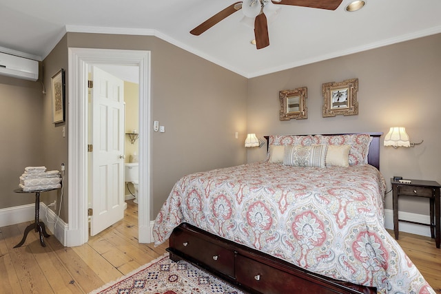 bedroom with a wall mounted air conditioner, light hardwood / wood-style floors, ornamental molding, vaulted ceiling, and ceiling fan