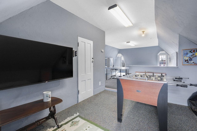 playroom featuring lofted ceiling and carpet flooring